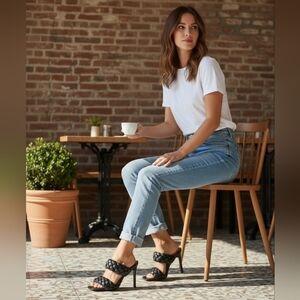 NWT Steve Madden Women's Henley Black Heeled Puffy Braid Sandals Square Toe 6.5M